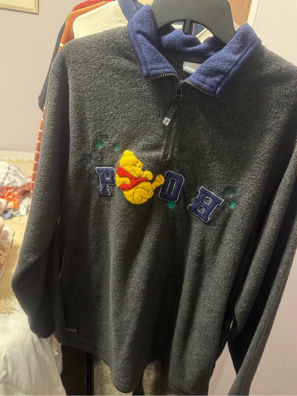 Embroidered Charcoal Fleece Quarter-Zip Sweater. Disney